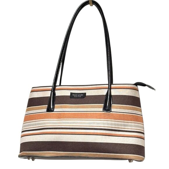 Vintage Kate Spade Striped Autumn Spice Brown Baguette Handbag Purse - Picture 9 of 14
